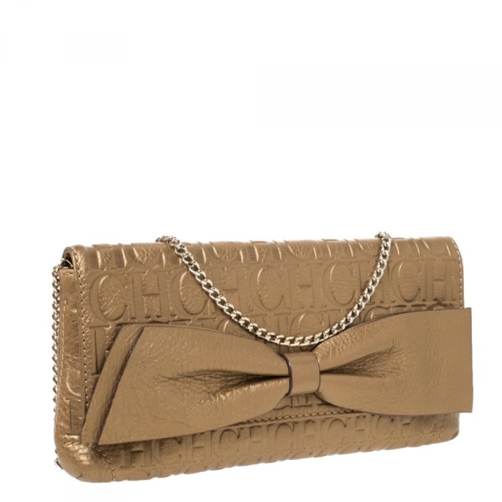 CAROLINA HERRERA GOLD MONOGRAM LEATHER BOW CHAIN CLUTCH
